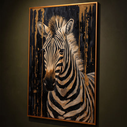 Abstract Gold Zebra on Black Canvas Print shown in antique gold floating frame
