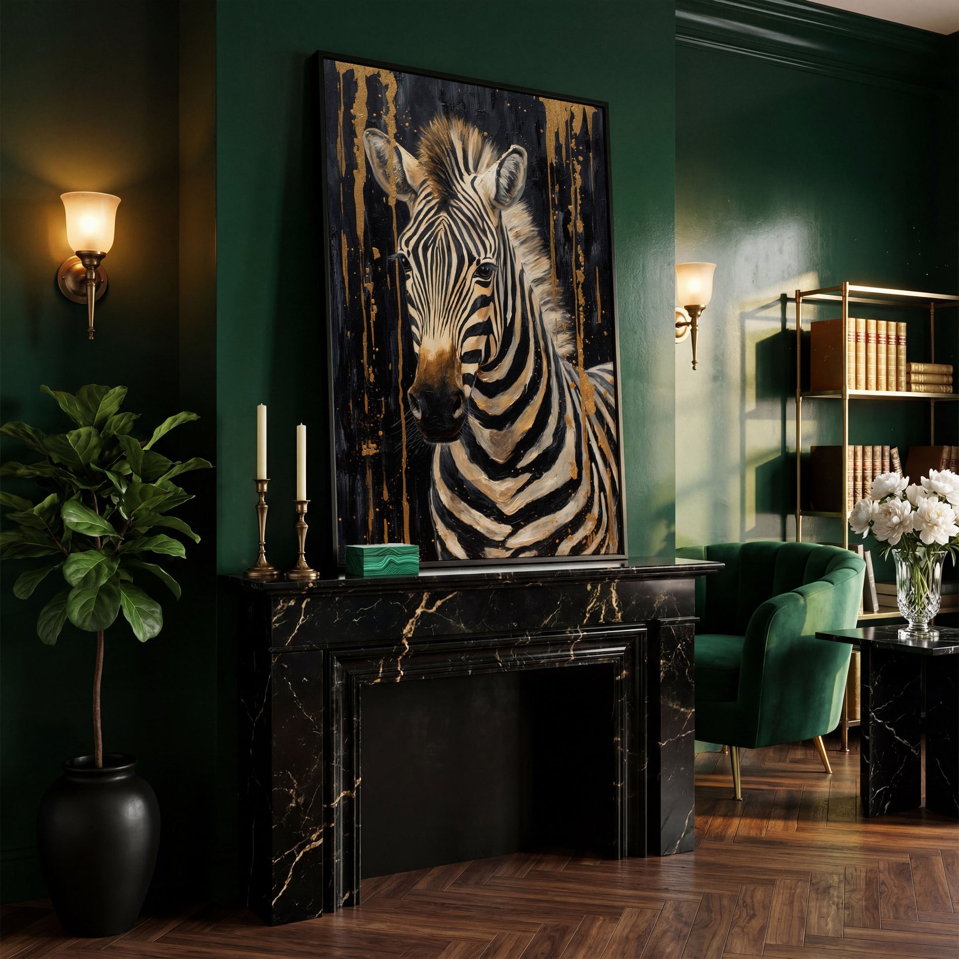 Abstract Gold Zebra on Black Canvas Print in black floating frame