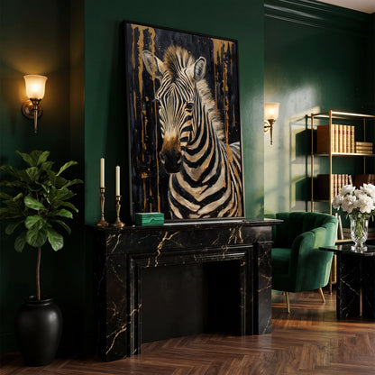 Abstract Gold Zebra on Black Canvas Print in black floating frame