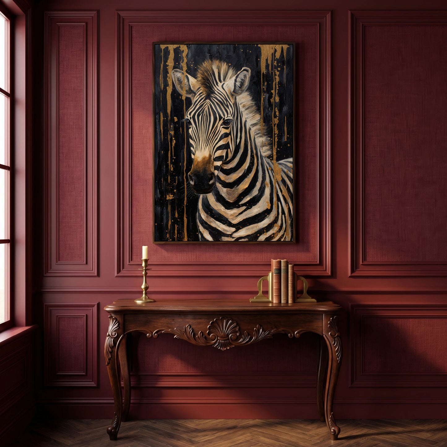 Abstract Gold Zebra on Black Canvas Print in dark walnut floating frame