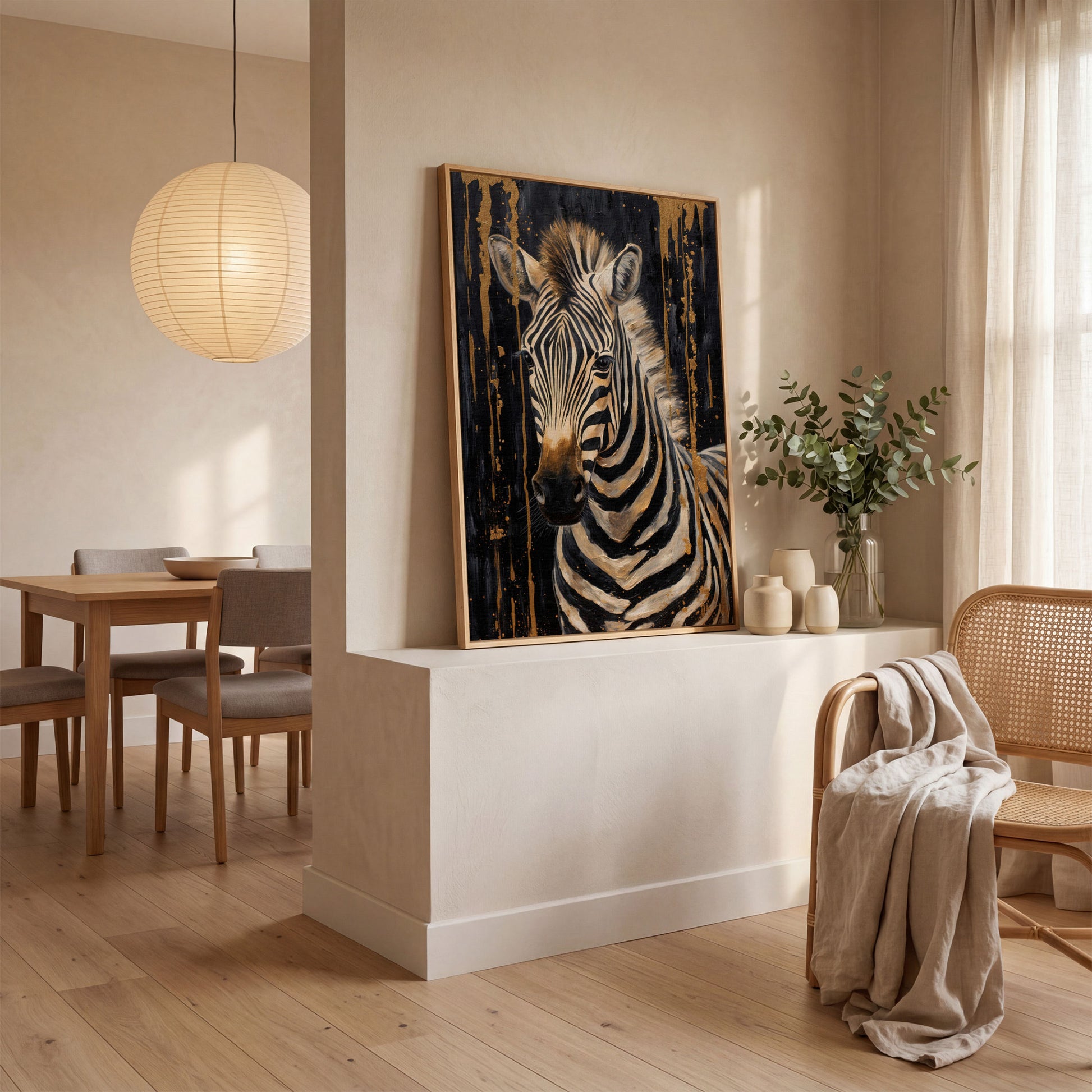 Abstract Gold Zebra on Black Canvas Print in white oak floating frame