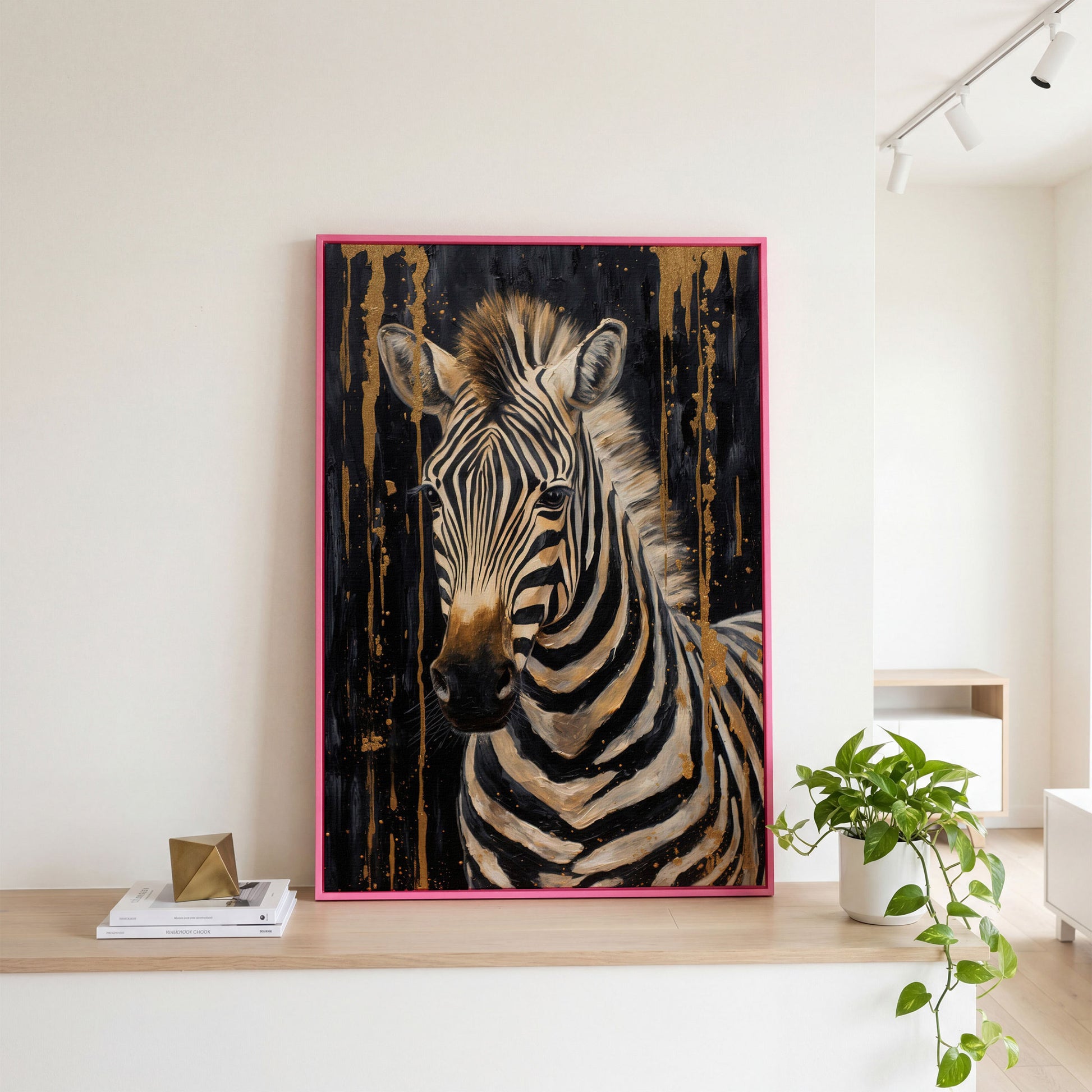 Abstract Gold Zebra on Black Canvas Print in pink floating frame