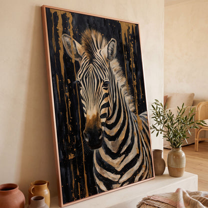 Abstract Gold Zebra on Black Canvas Print in rose gold floating frame