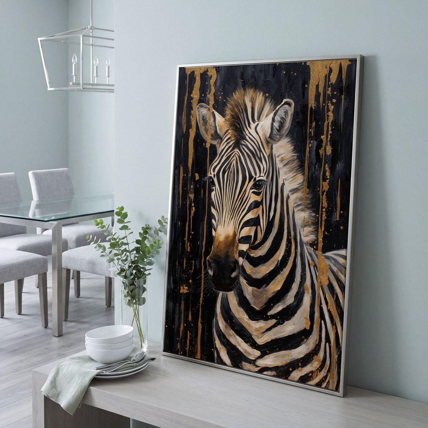 Abstract Gold Zebra on Black Canvas Print in silver floating frame