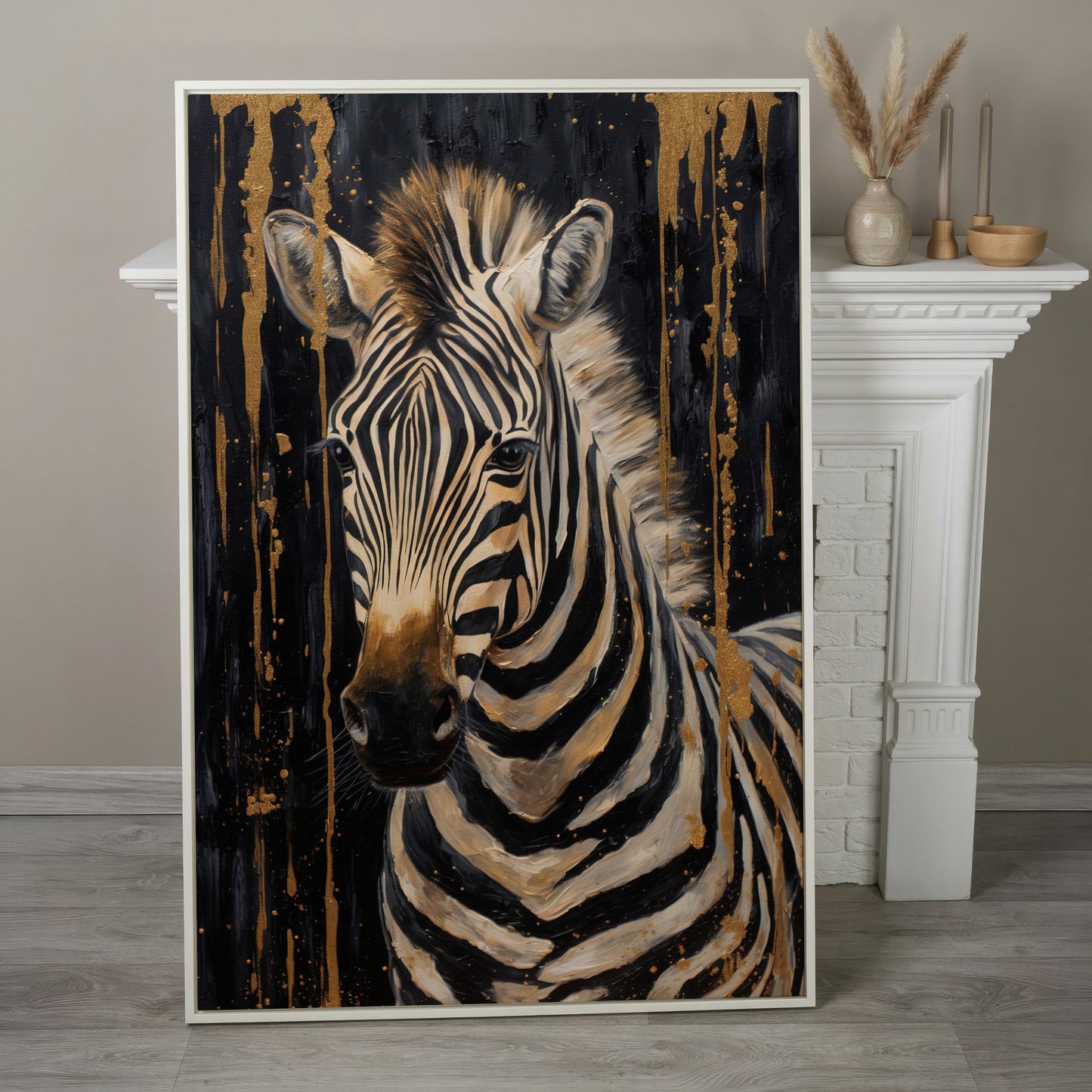 Abstract Gold Zebra on Black Canvas Print in white floating frame