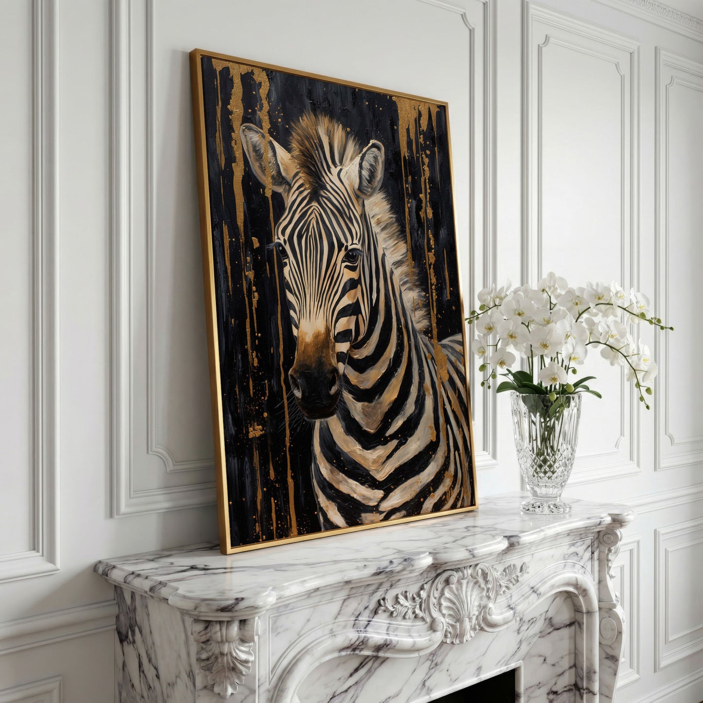Abstract Gold Zebra on Black Canvas Print in yellow gold floating frame
