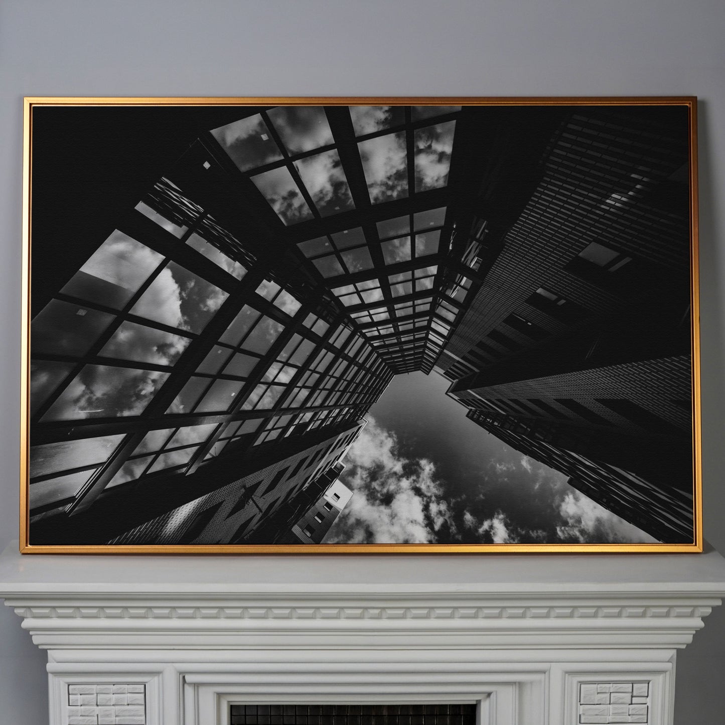 Black and White Multi-Storey Building Canvas in antique gold floating frame