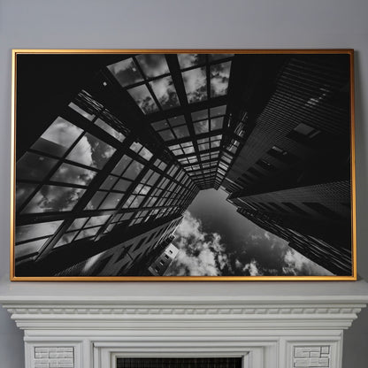 Black and White Multi-Storey Building Canvas in antique gold floating frame