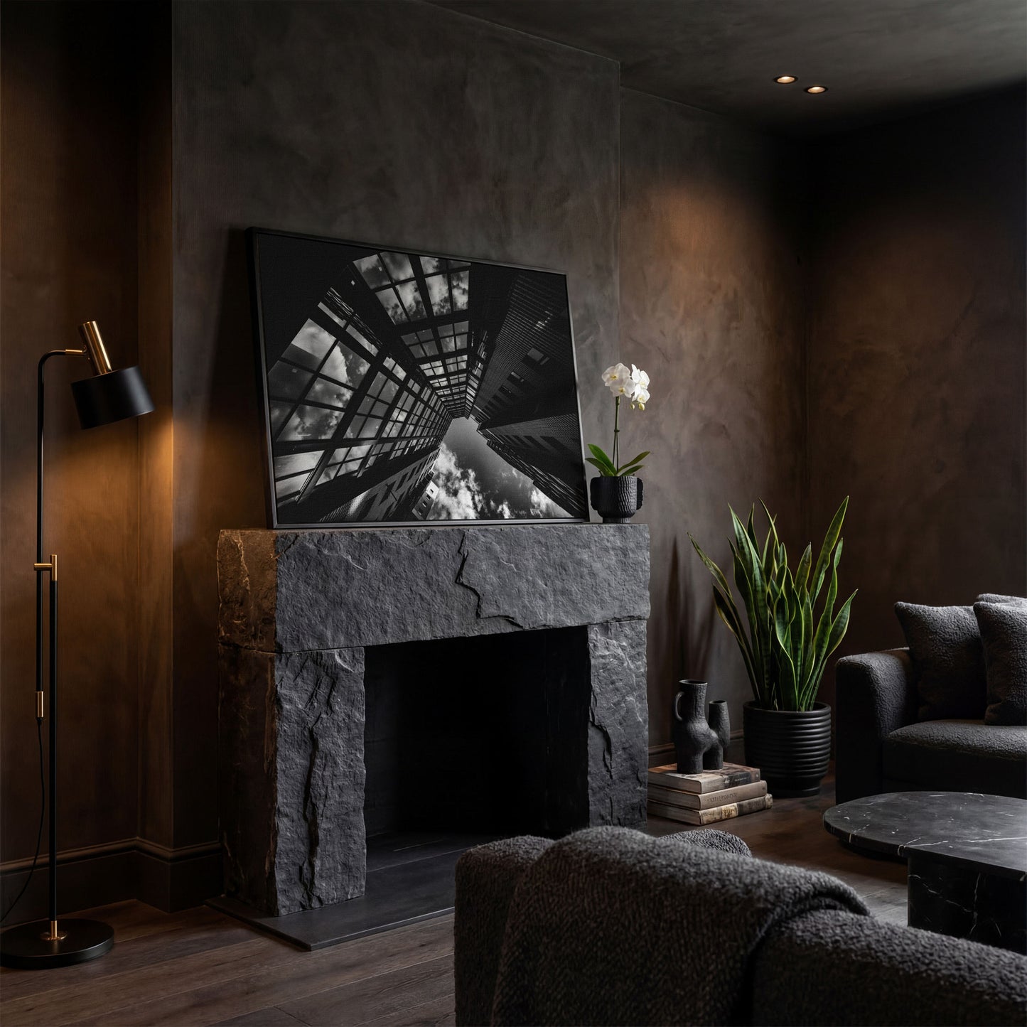 Black and White Multi-Storey Building Canvas in black floating frame