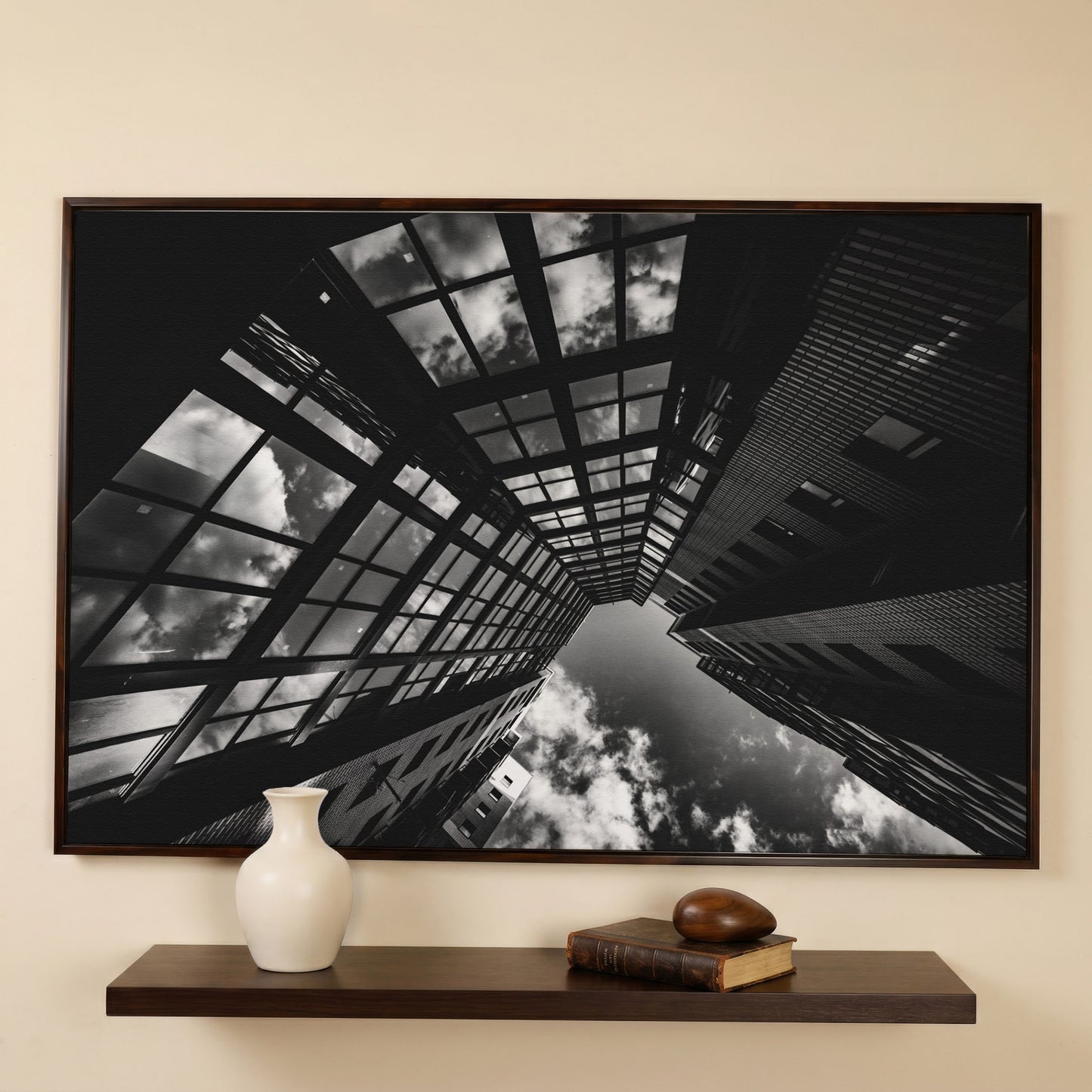 Black and White Multi-Storey Building Canvas in dark walnut floating frame