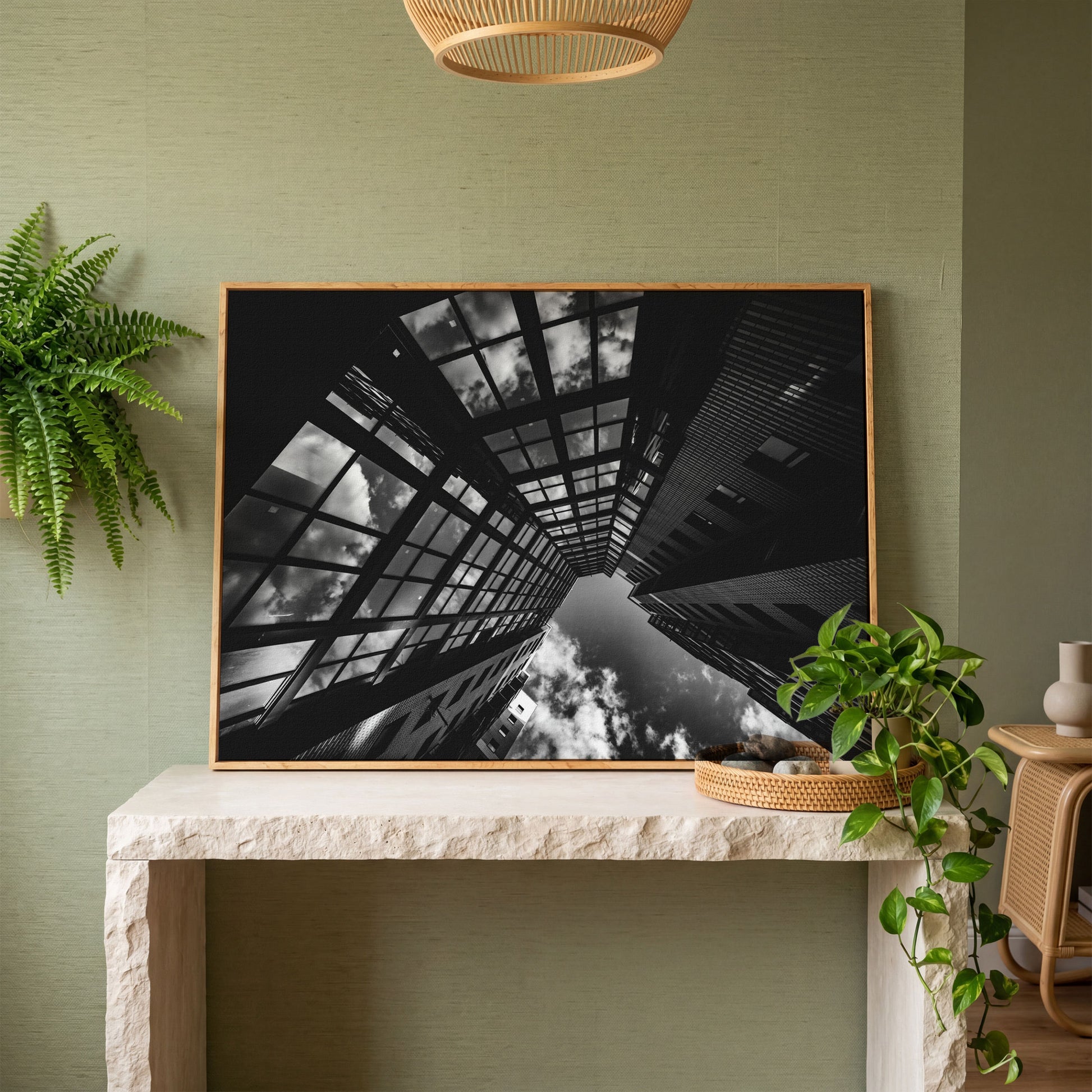 Black and White Multi-Storey Building Canvas in white oak floating frame