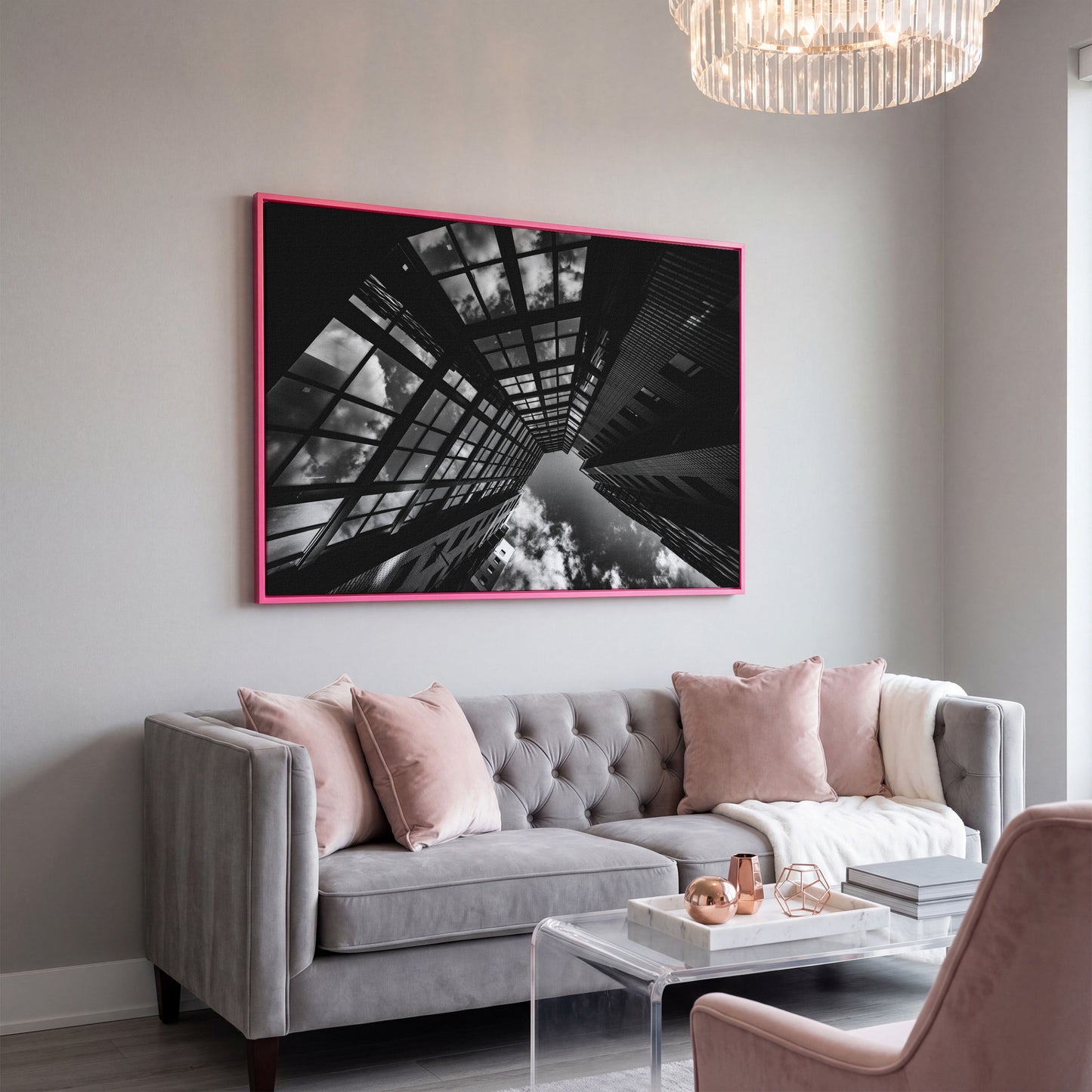 Black and White Multi-Storey Building Canvas in pink floating frame