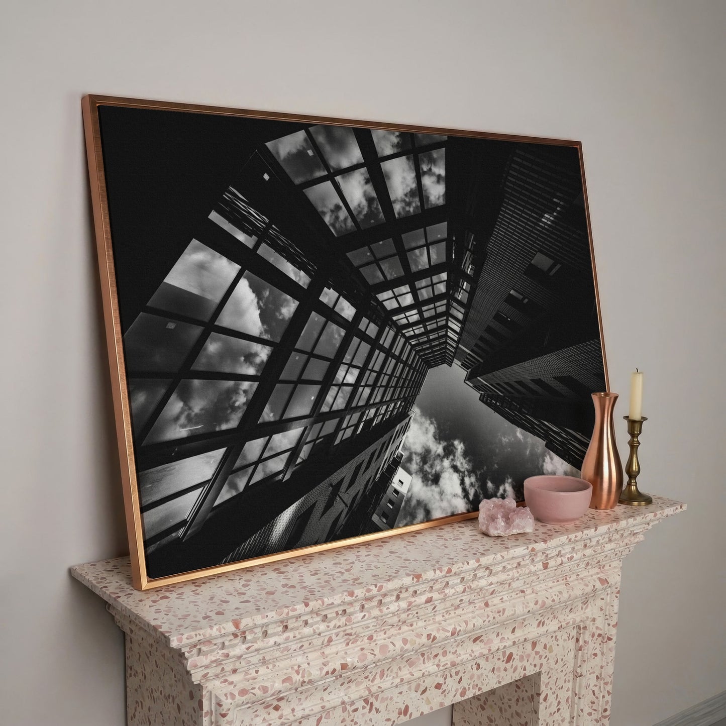 Black and White Multi-Storey Building Canvas in rose gold floating frame