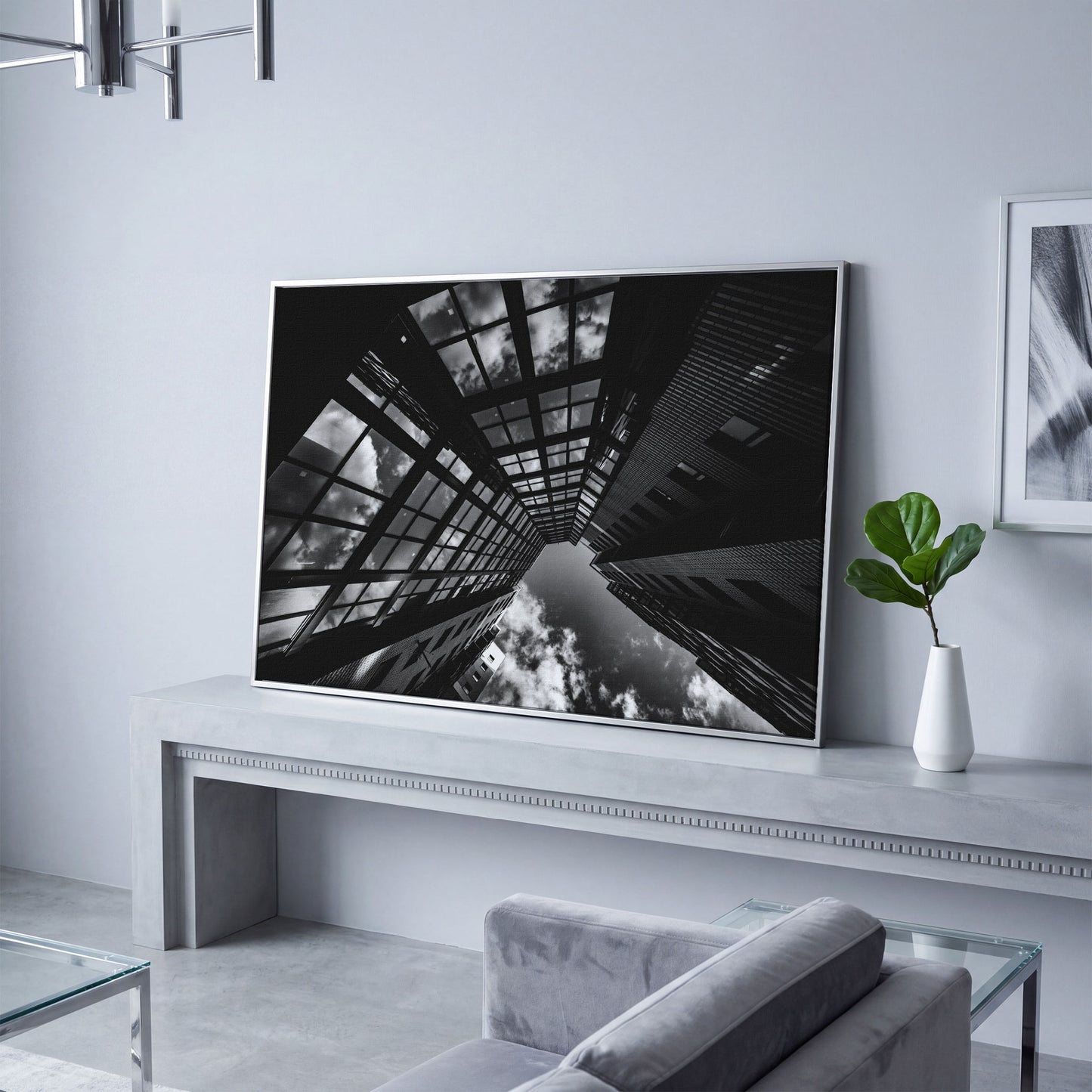 Black and White Multi-Storey Building Canvas in silver floating frame