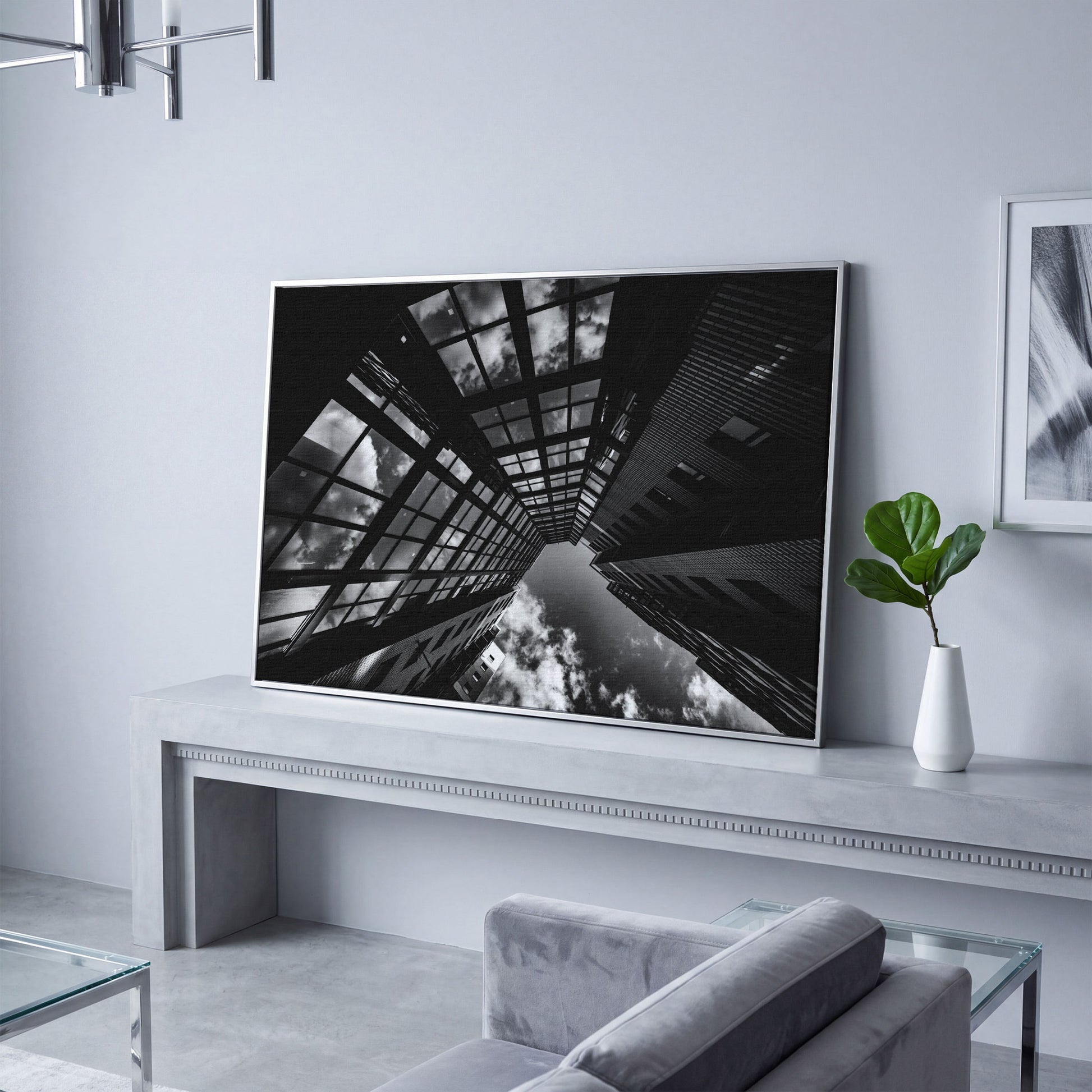 Black and White Multi-Storey Building Canvas in silver floating frame