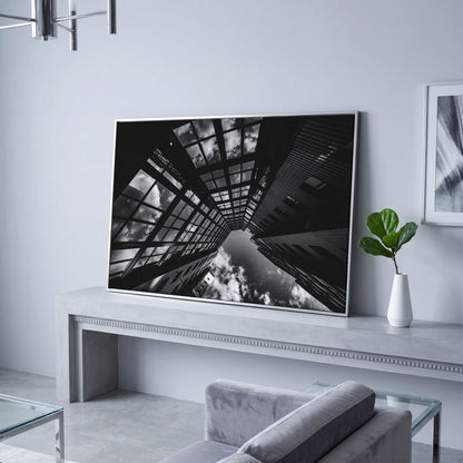 Black and White Multi-Storey Building Canvas in silver floating frame