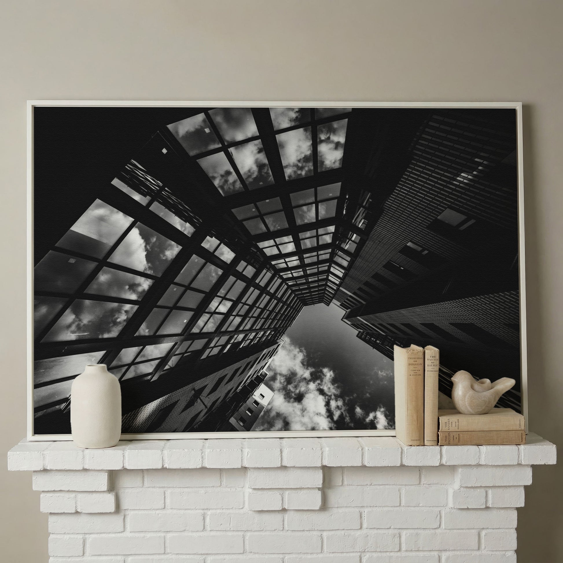 Black and White Multi-Storey Building Canvas in white floating frame
