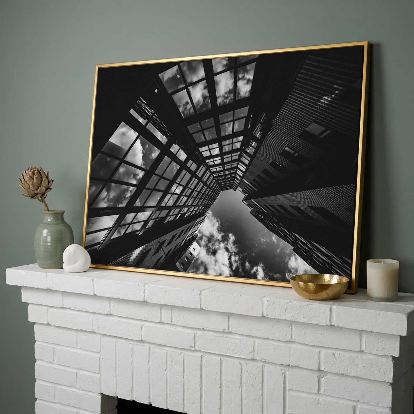 Black and White Multi-Storey Building Canvas in yellow gold floating frame