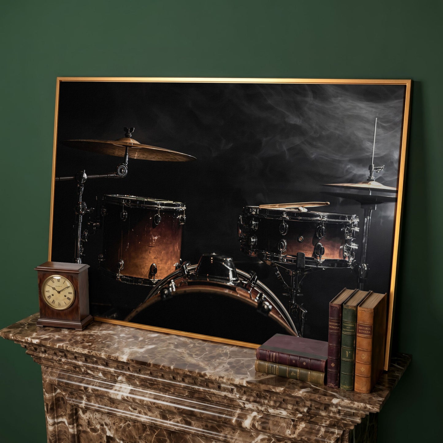 Drum Kit Stage Canvas Print for Musicians in antique gold floating frame