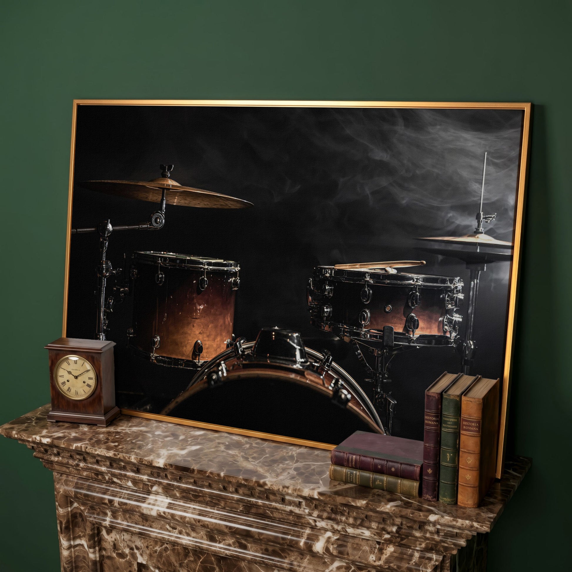Drum Kit Stage Canvas Print for Musicians in antique gold floating frame