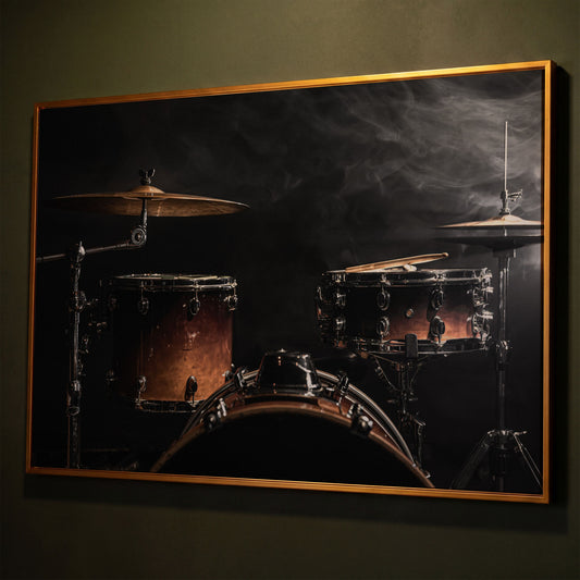 Drum Kit Stage Canvas Print for Musicians shown in antique gold floating frame