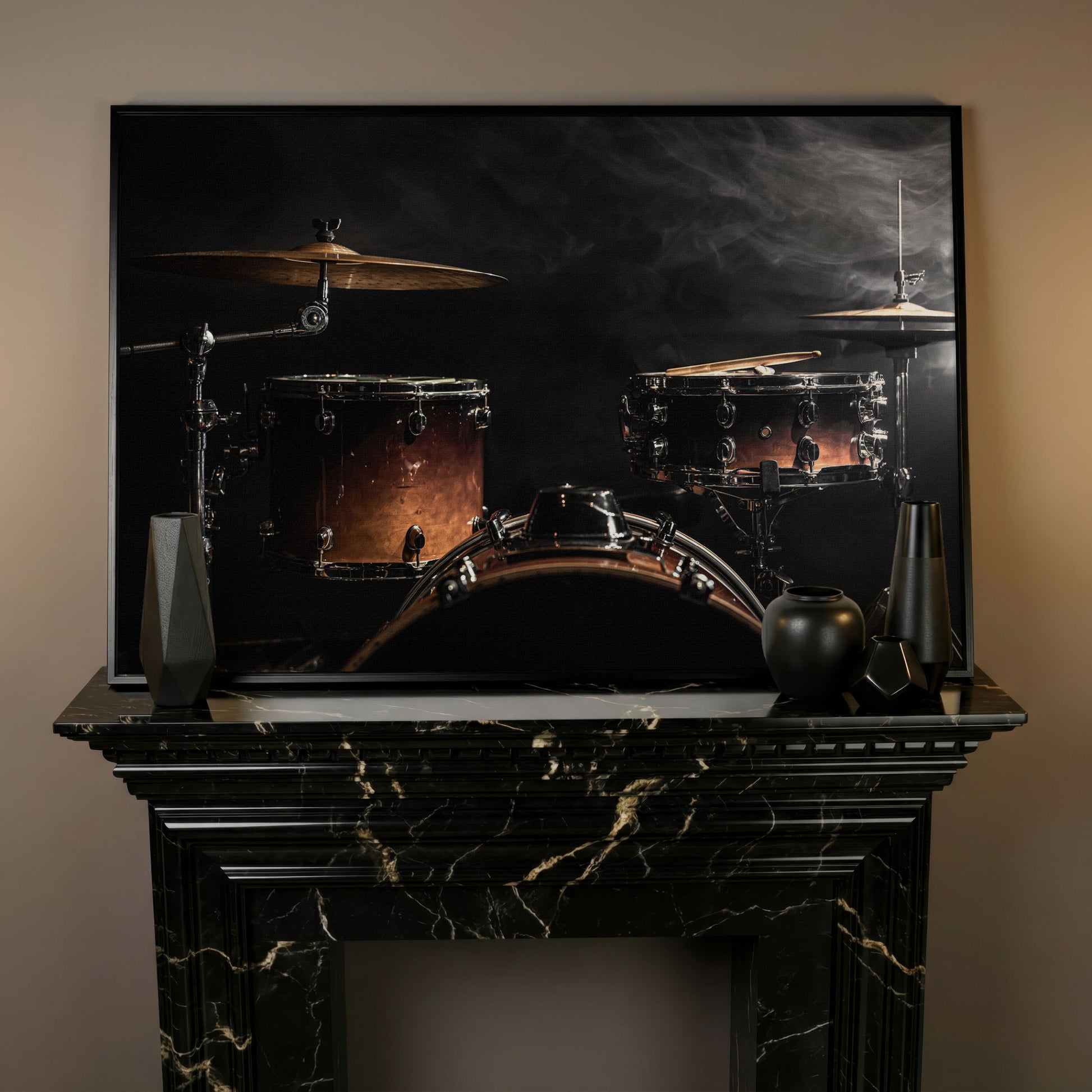 Drum Kit Stage Canvas Print for Musicians in black floating frame