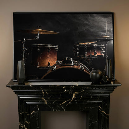 Drum Kit Stage Canvas Print for Musicians in black floating frame