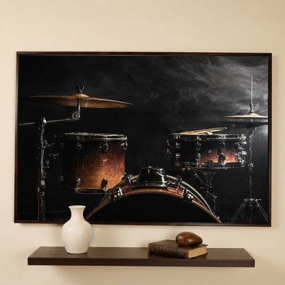 Drum Kit Stage Canvas Print for Musicians in dark walnut floating frame