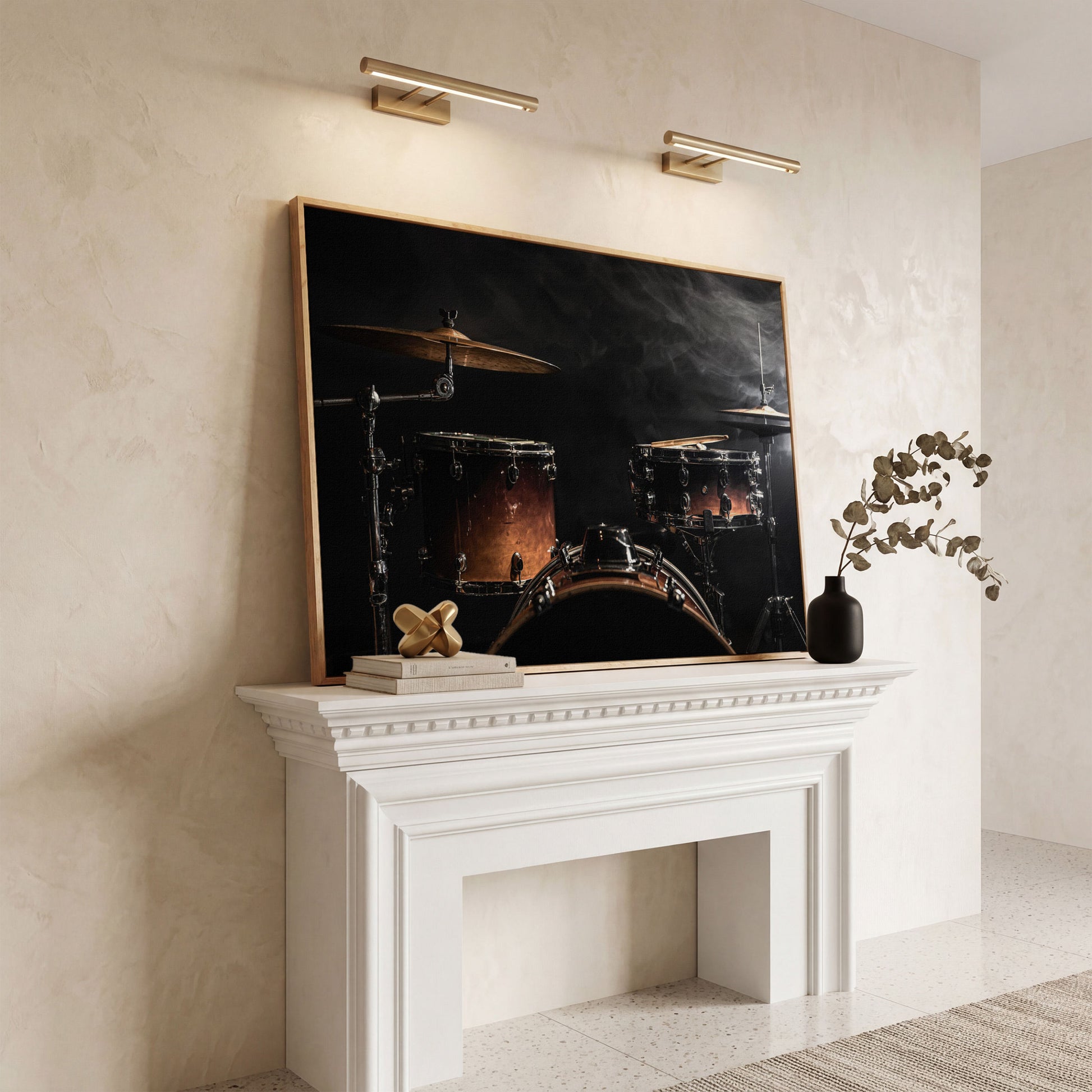 Drum Kit Stage Canvas Print for Musicians in white oak floating frame