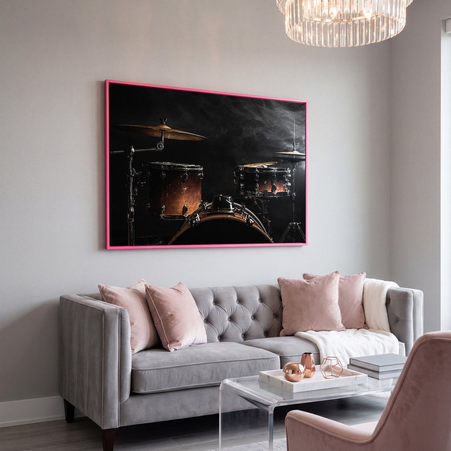 Drum Kit Stage Canvas Print for Musicians in pink floating frame