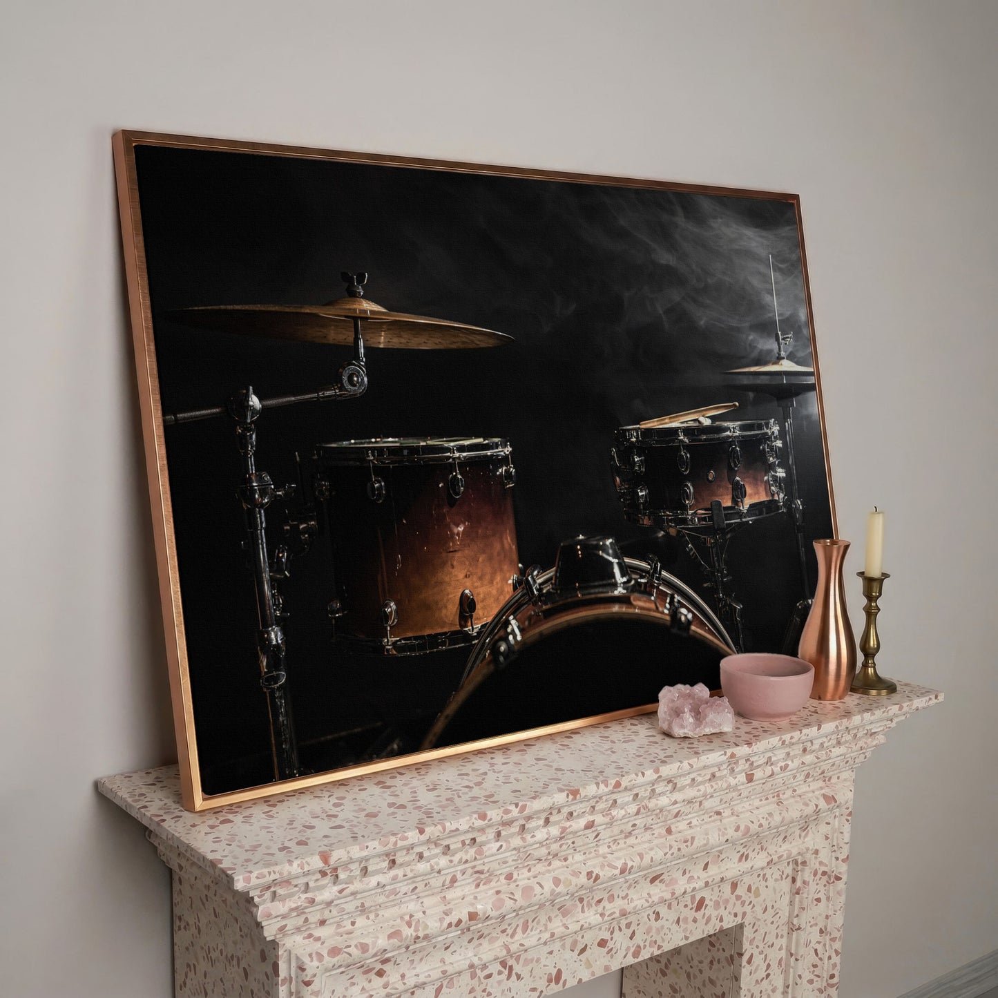 Drum Kit Stage Canvas Print for Musicians in rose gold floating frame