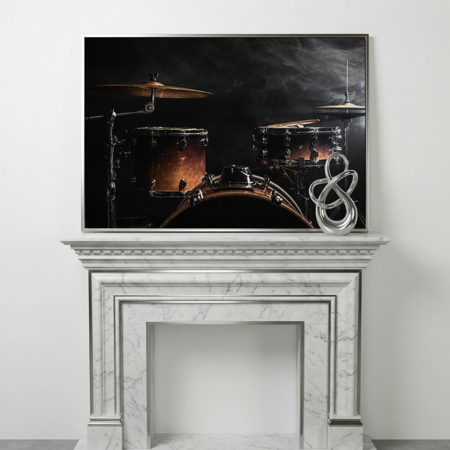 Drum Kit Stage Canvas Print for Musicians in silver floating frame