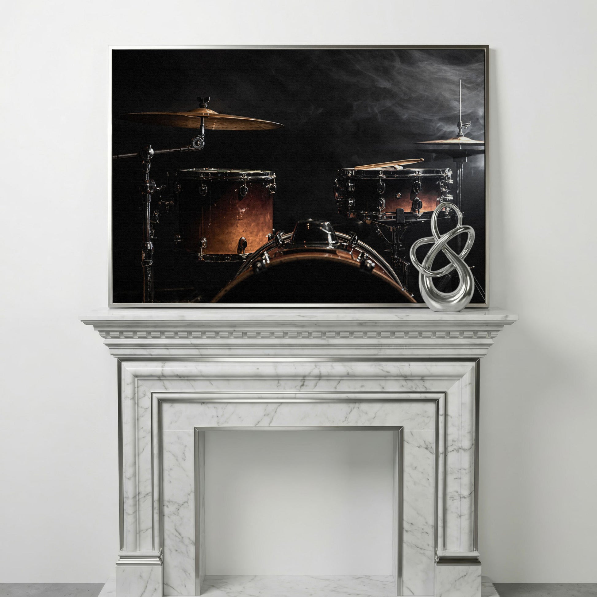 Drum Kit Stage Canvas Print for Musicians in silver floating frame