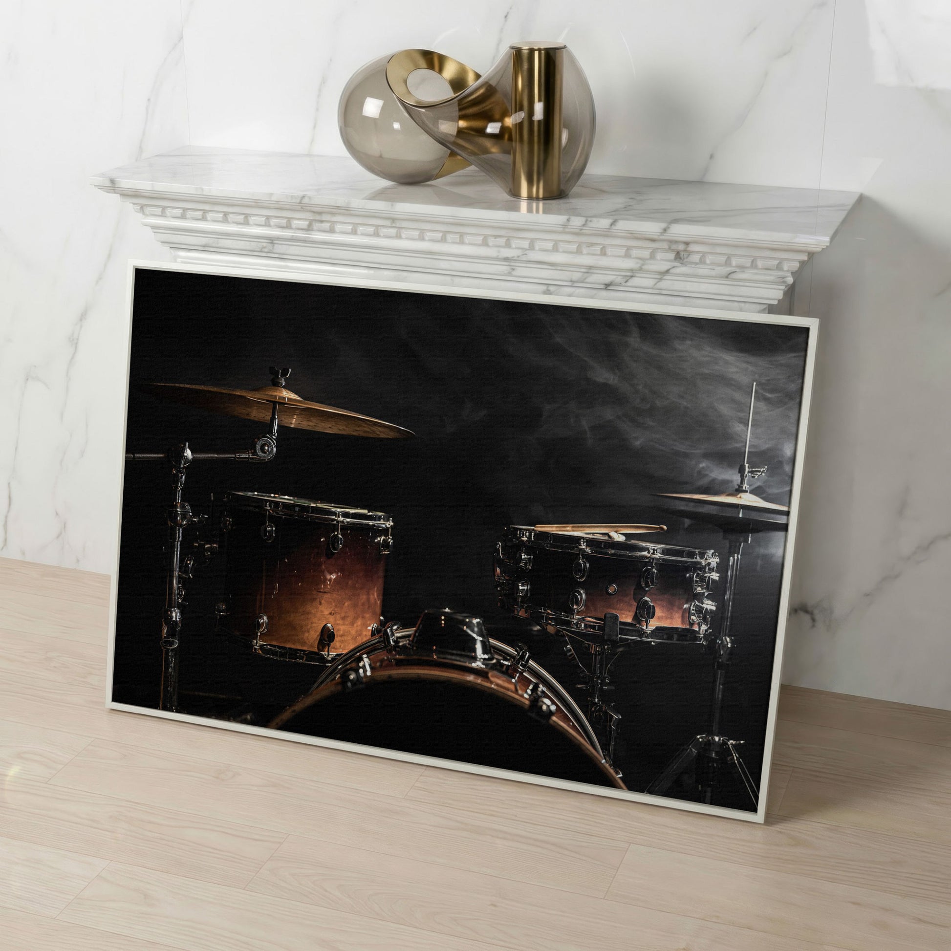 Drum Kit Stage Canvas Print for Musicians in white floating frame