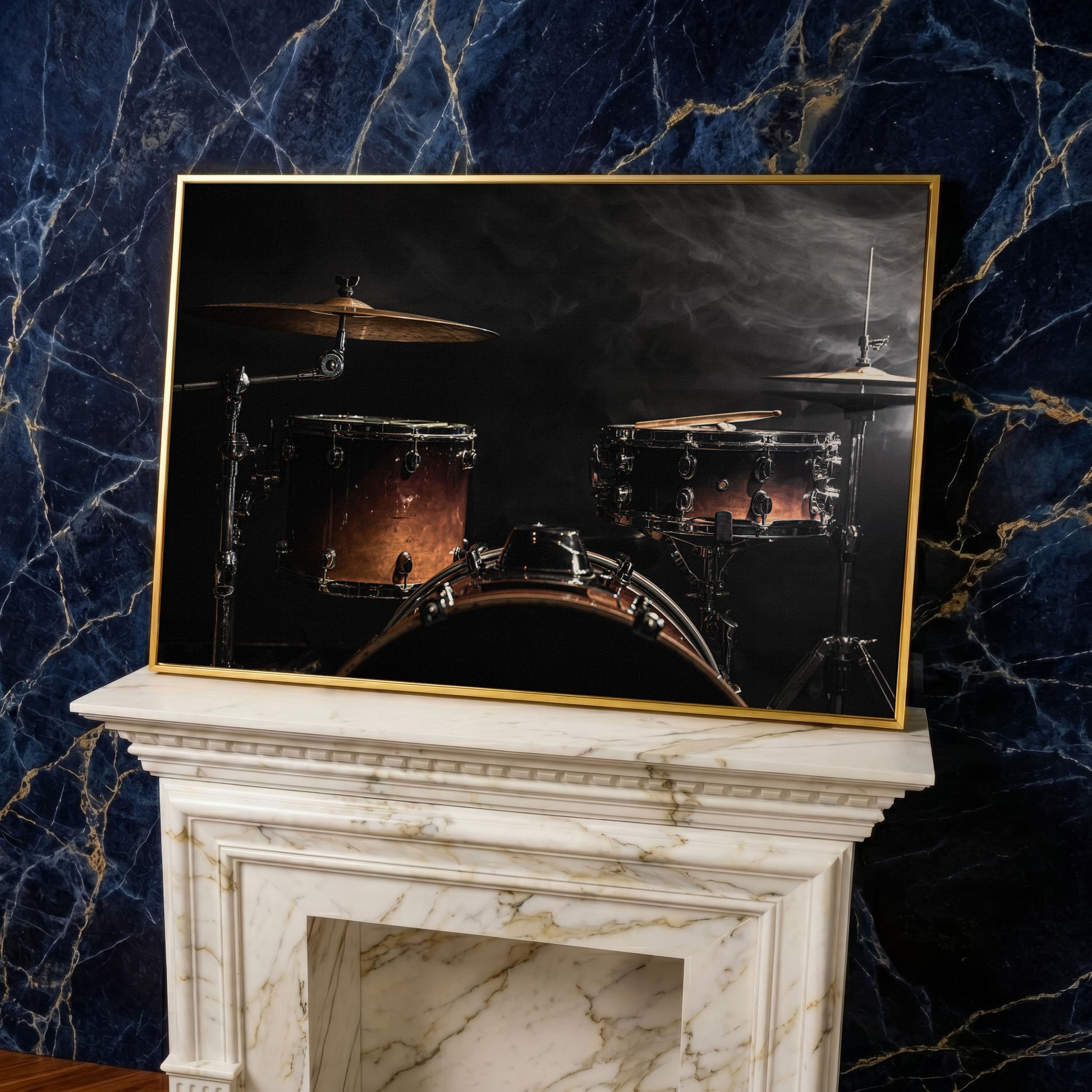 Drum Kit Stage Canvas Print for Musicians in yellow gold floating frame