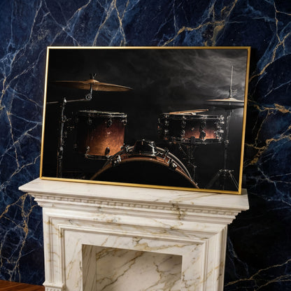 Drum Kit Stage Canvas Print for Musicians in yellow gold floating frame