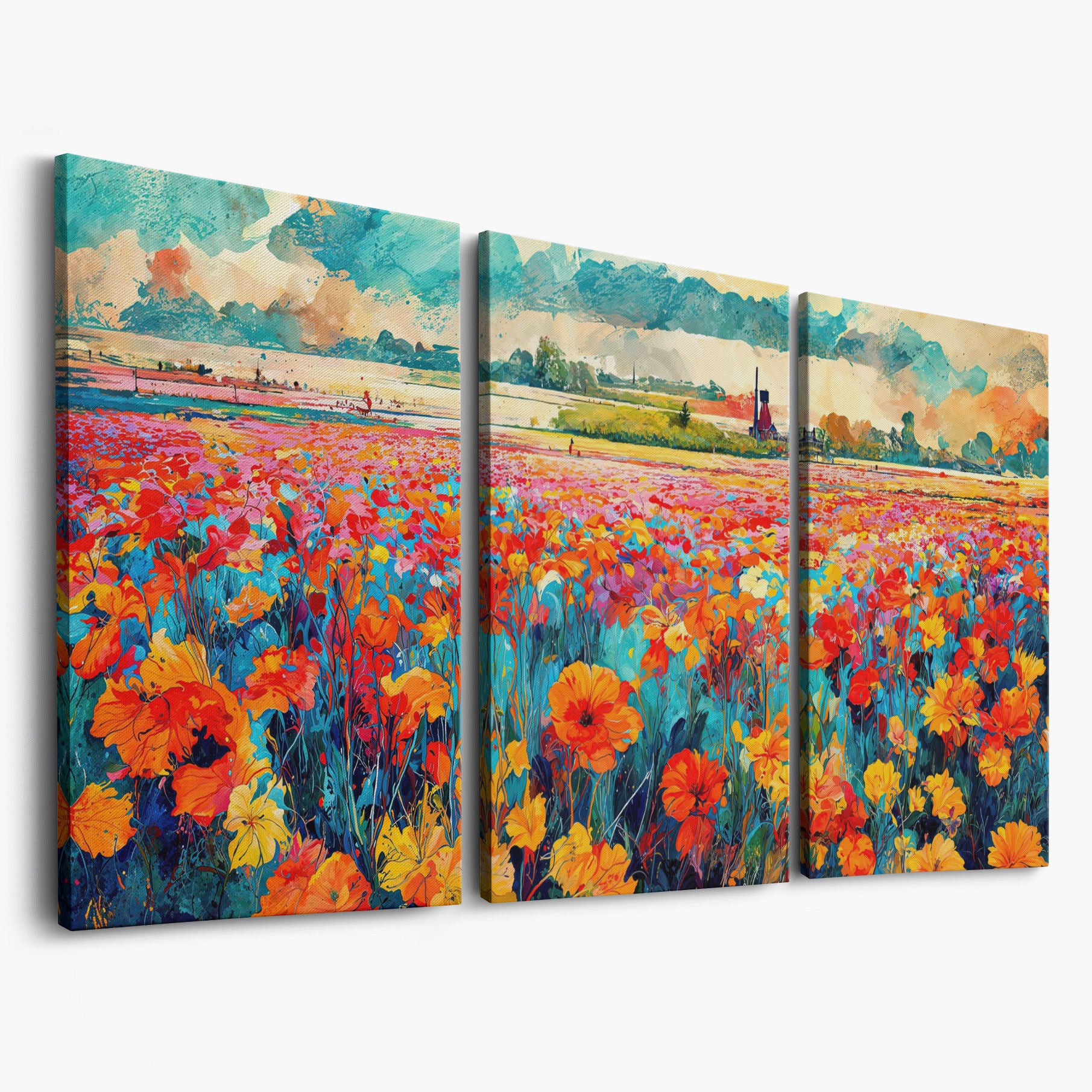Colorful Field Wildflower Landscape Canvas as 3-panel split version