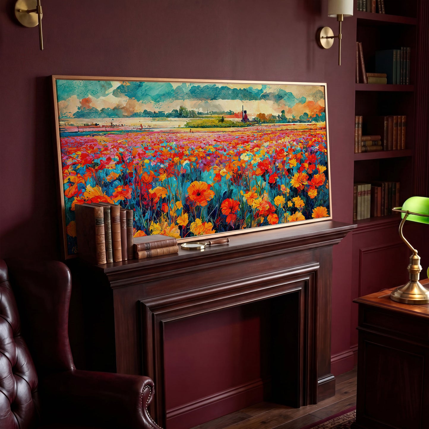 Colorful Field Wildflower Landscape Canvas in antique gold floating frame