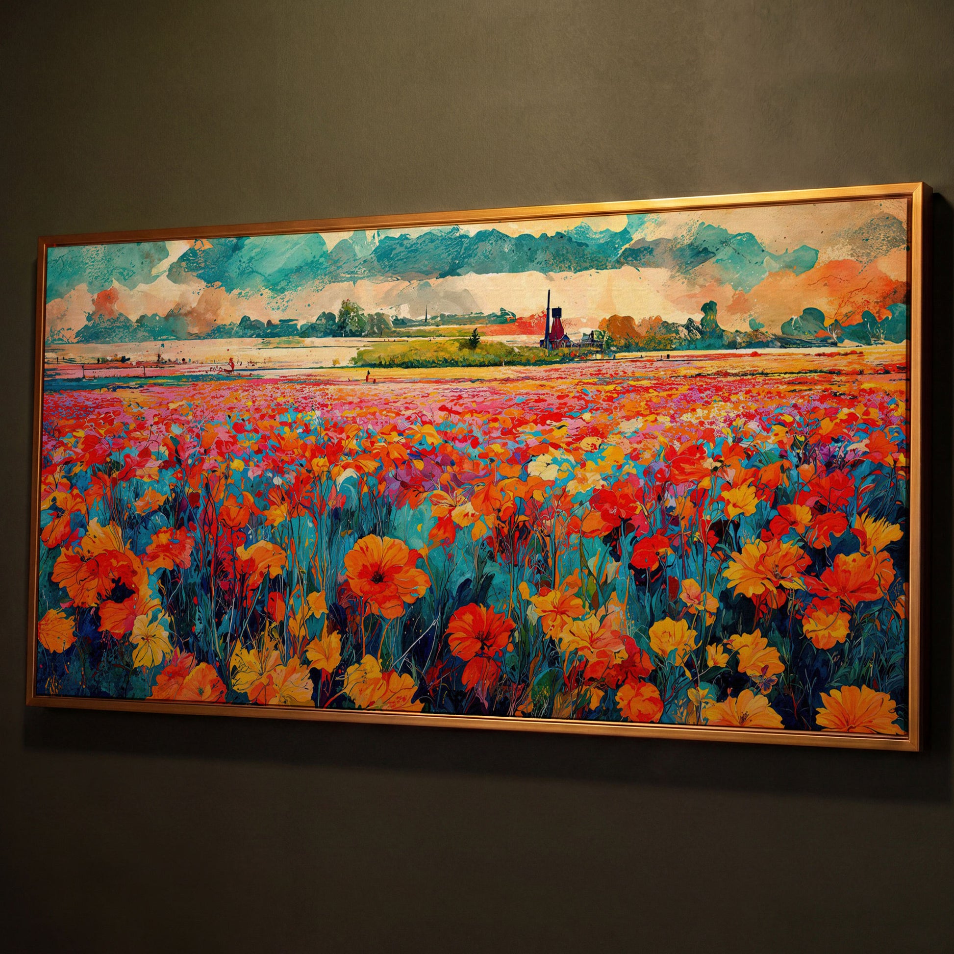 Colorful Field Wildflower Landscape Canvas shown in antique gold floating frame