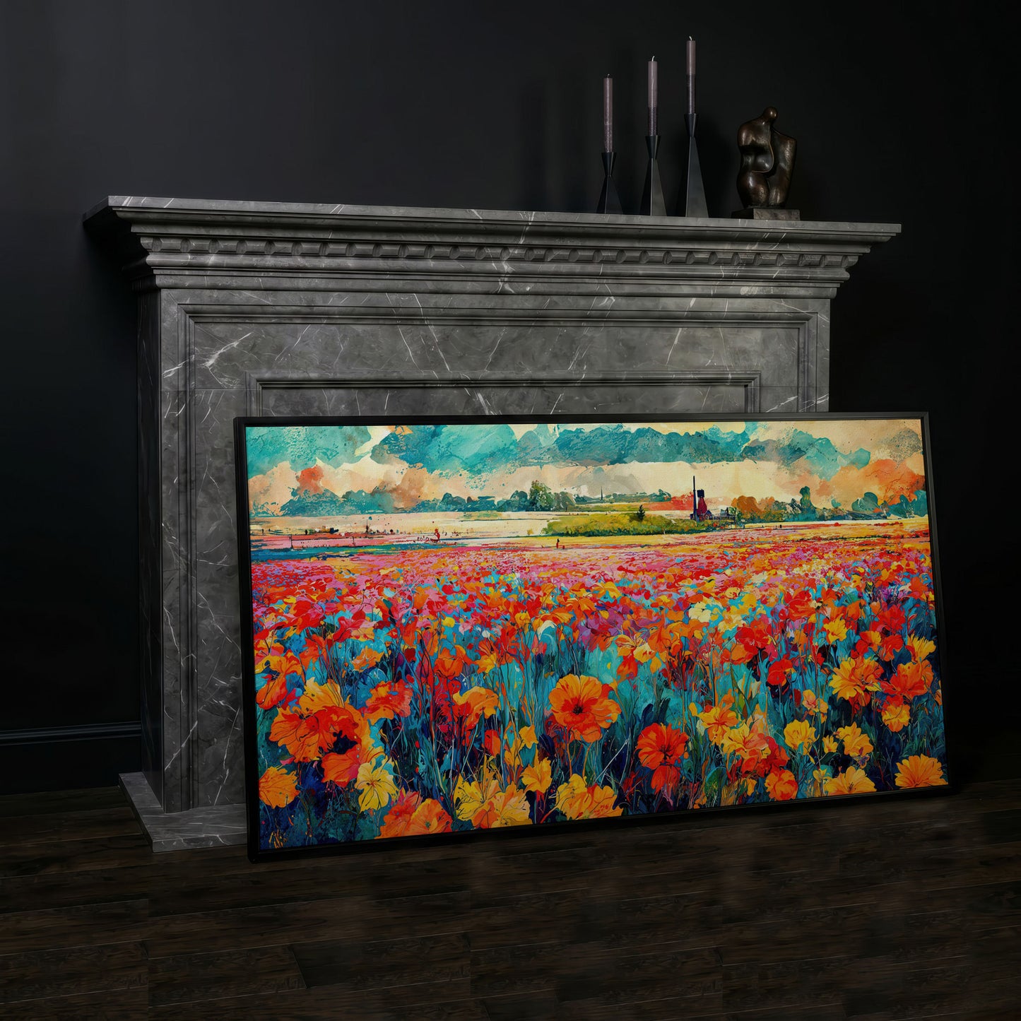 Colorful Field Wildflower Landscape Canvas in black floating frame