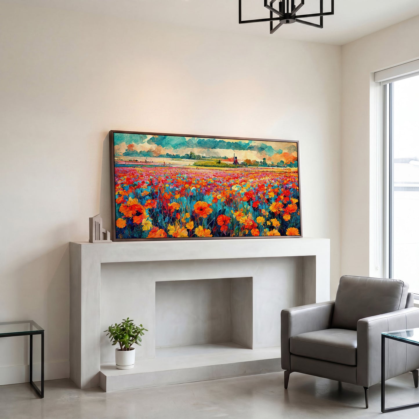Colorful Field Wildflower Landscape Canvas in dark walnut floating frame