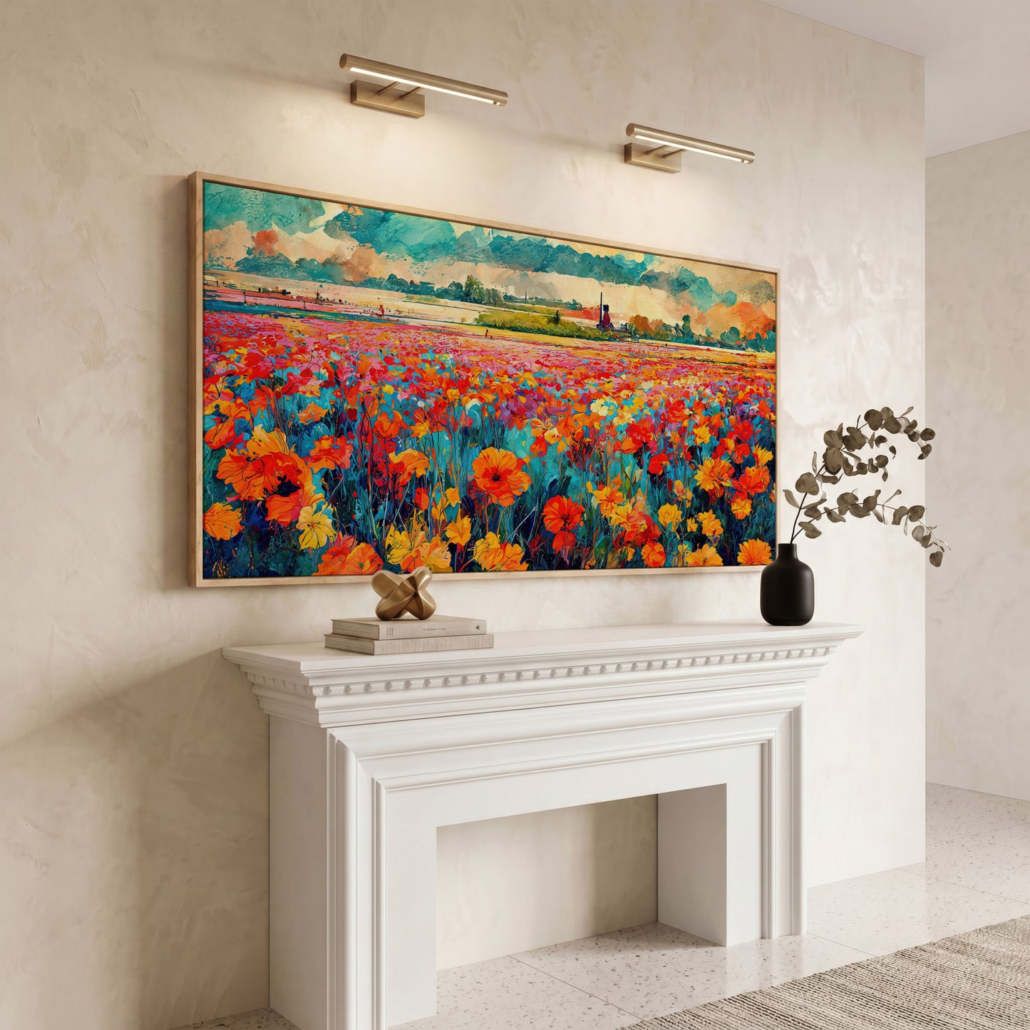 Colorful Field Wildflower Landscape Canvas in white oak floating frame