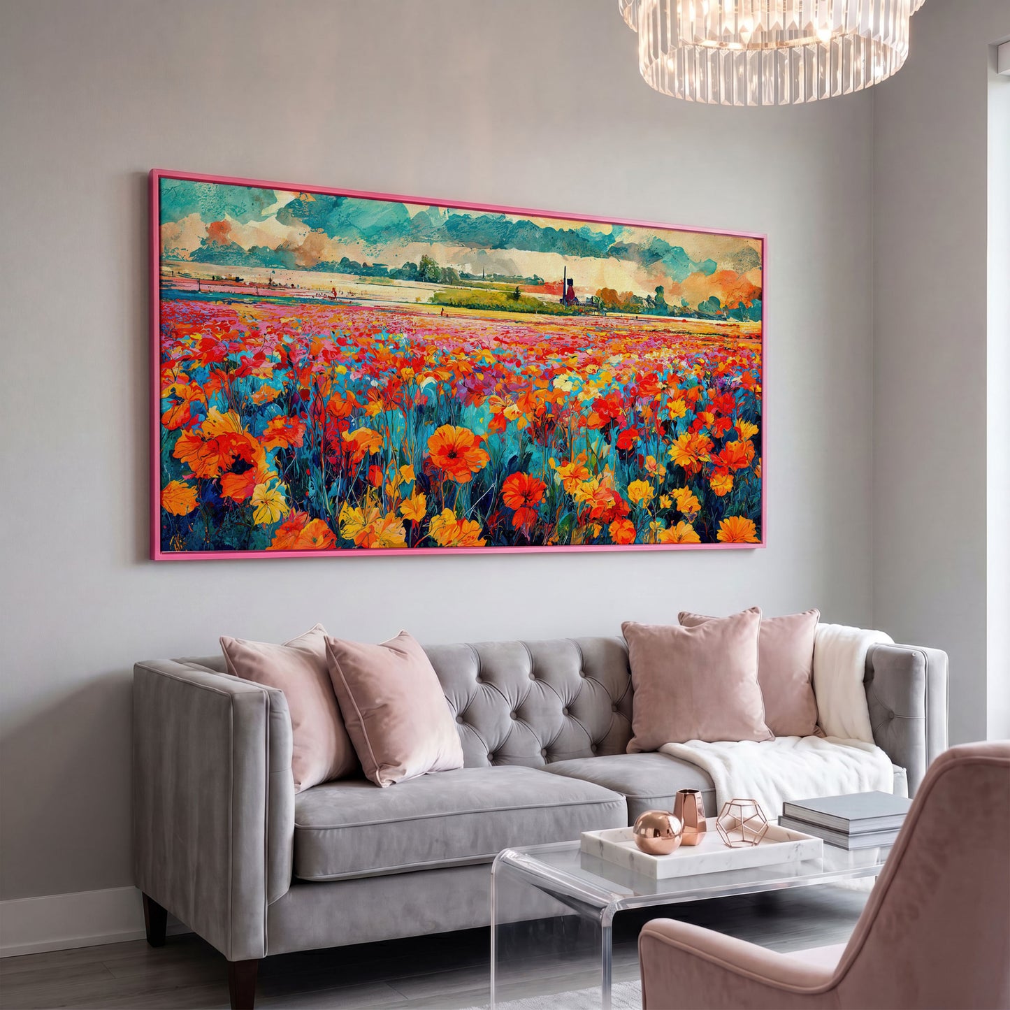 Colorful Field Wildflower Landscape Canvas in pink floating frame