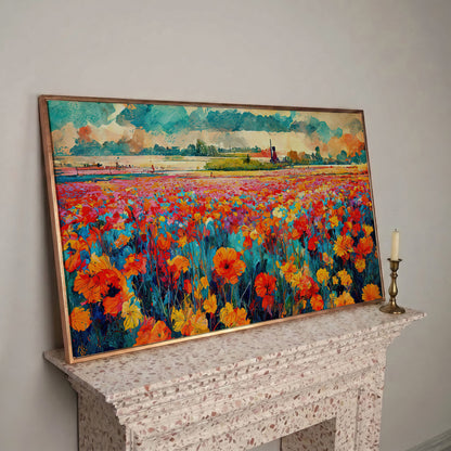 Colorful Field Wildflower Landscape Canvas in rose gold floating frame