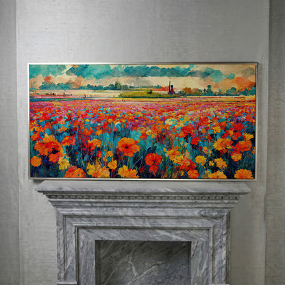 Colorful Field Wildflower Landscape Canvas in silver floating frame