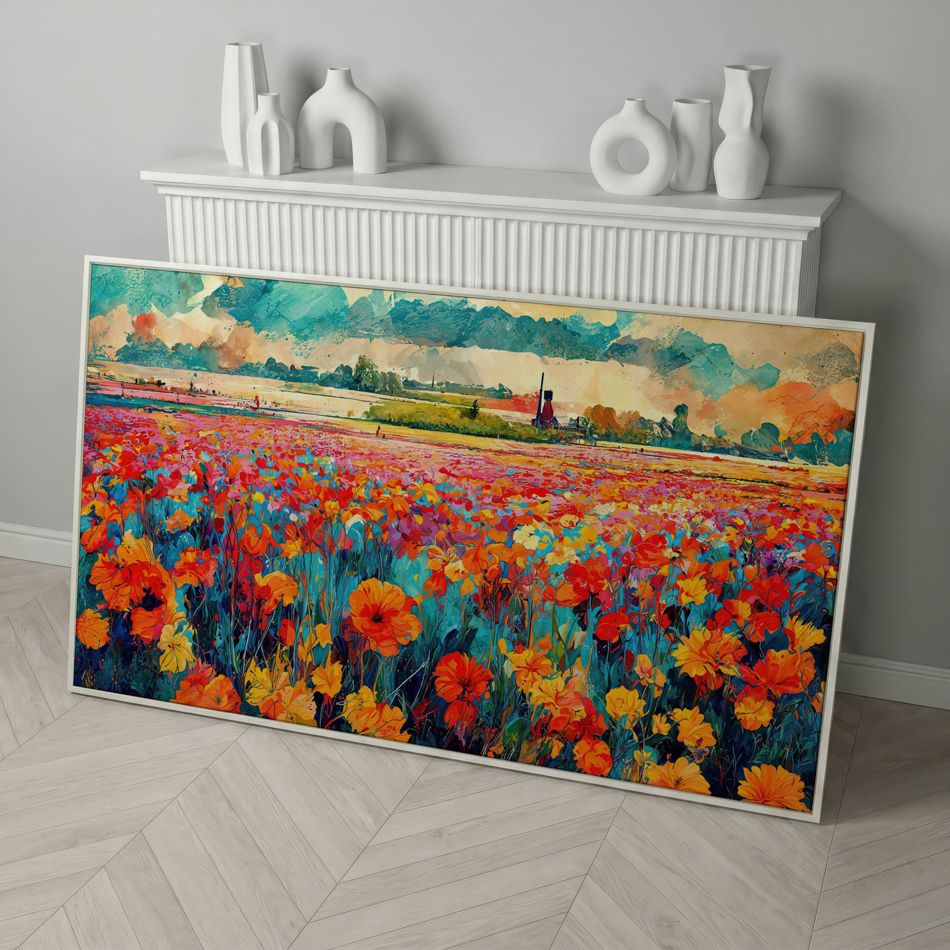 Colorful Field Wildflower Landscape Canvas in white floating frame