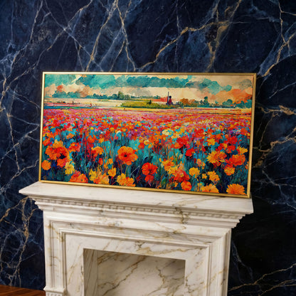 Colorful Field Wildflower Landscape Canvas in yellow gold floating frame