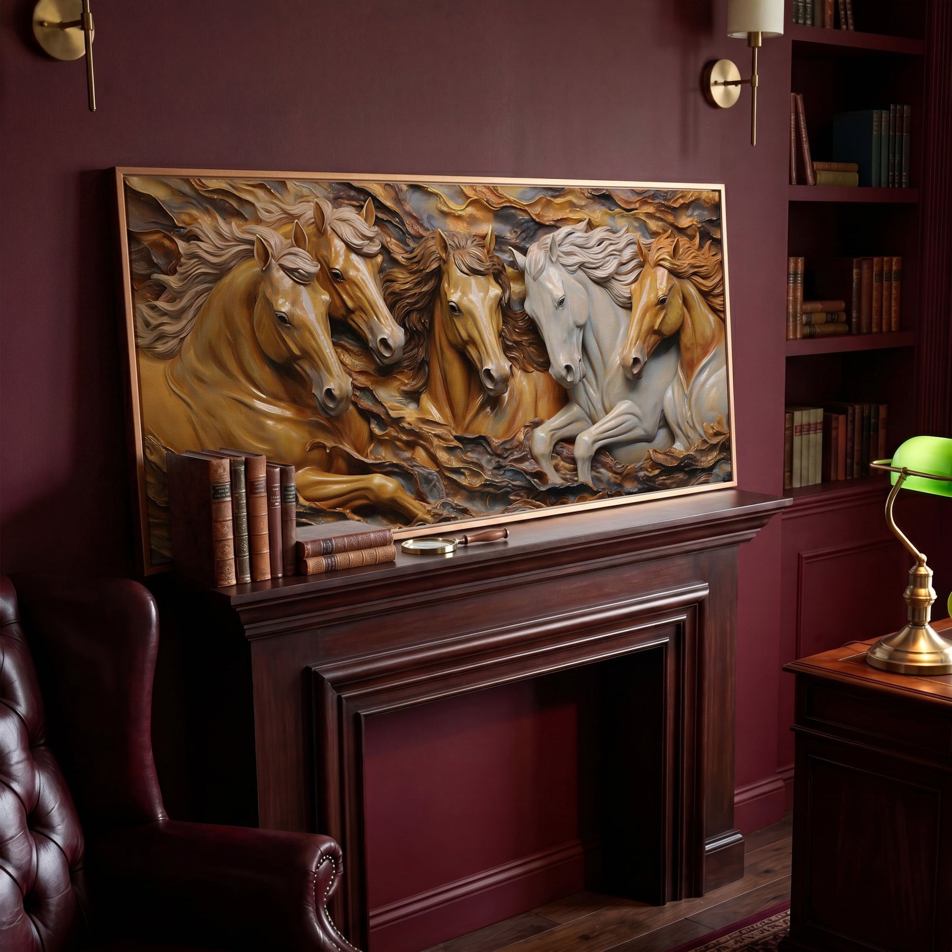 Running Horses 3D Canvas Art in antique gold floating frame