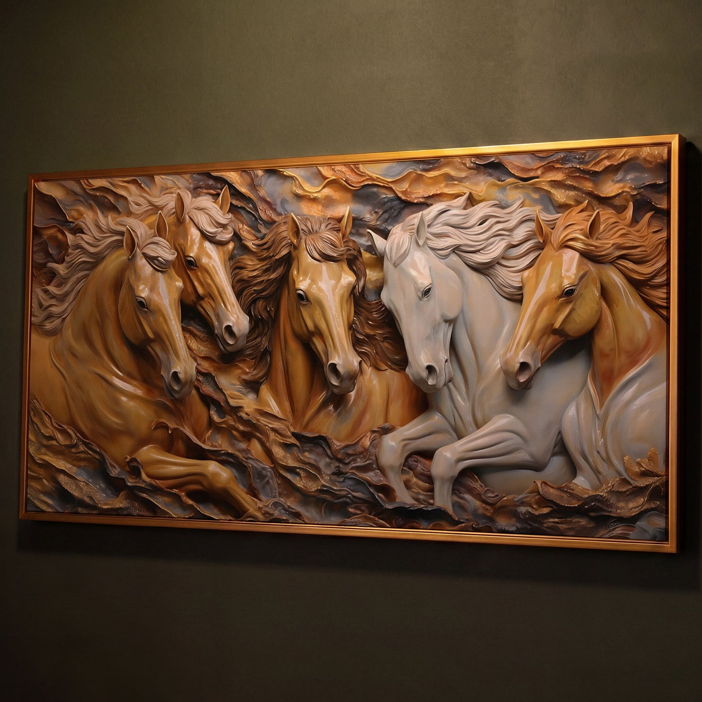 Running Horses 3D Canvas Art shown in antique gold floating frame