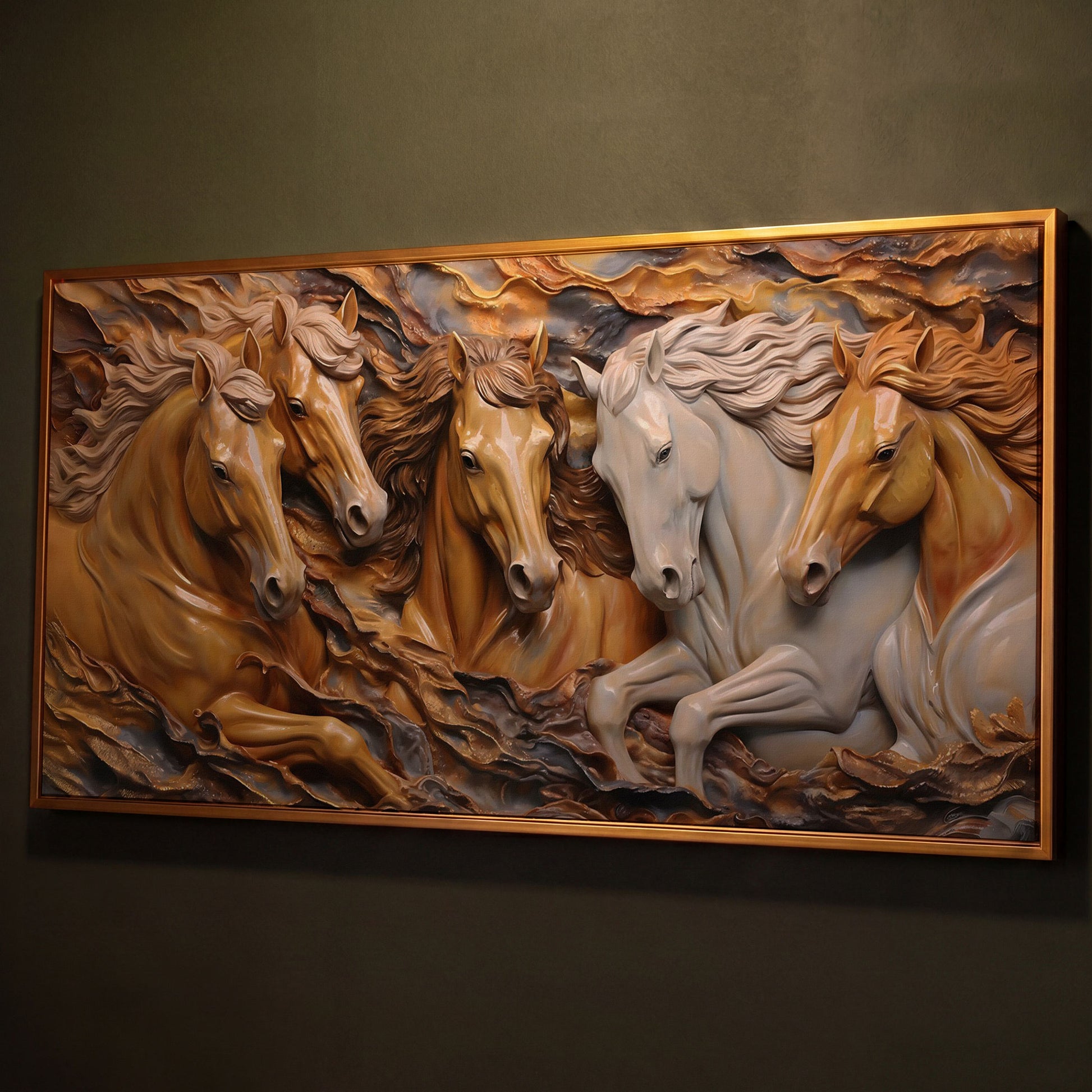 Running Horses 3D Canvas Art shown in antique gold floating frame